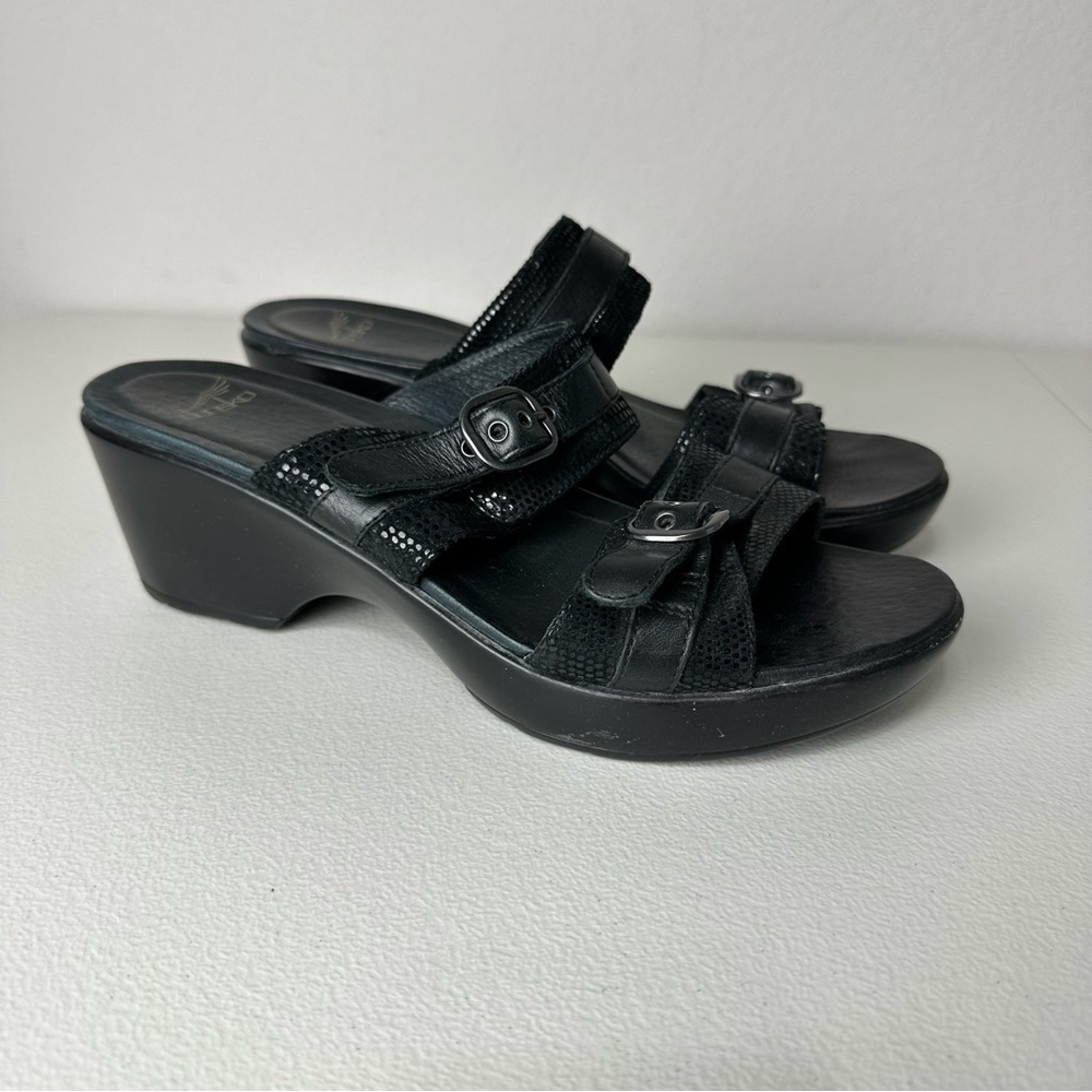 Dansko Black Leather Jessie Lizard Wedge Slide On Shoes Size 40